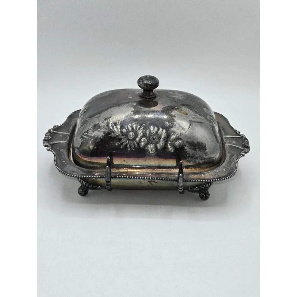 Antique Pairpoint Quadruple Plate Silverplate Covered Butter Dish Floral Lid